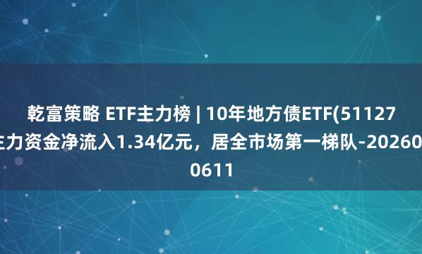 乾富策略 ETF主力榜 | 10年地方债ETF(511270)主力资金净流入1.34亿元，居全市场第一梯队-20260611